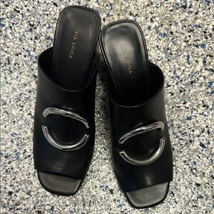 Via Spiga Black Leather Mules with Silver Accents